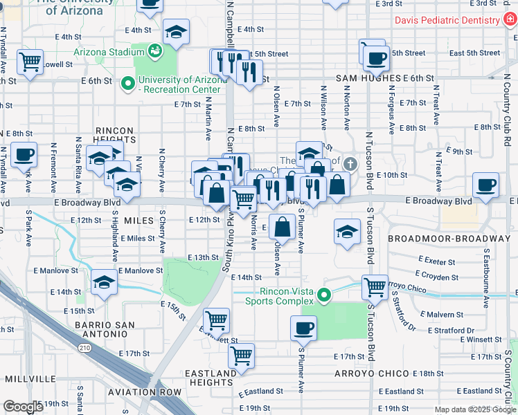 map of restaurants, bars, coffee shops, grocery stores, and more near 2021 East Broadway Boulevard in Tucson