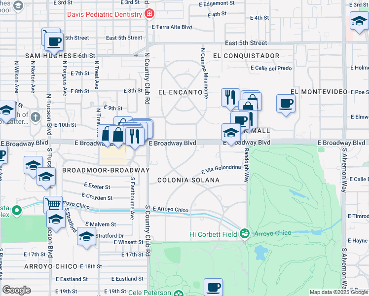 map of restaurants, bars, coffee shops, grocery stores, and more near 3252 East Broadway Boulevard in Tucson