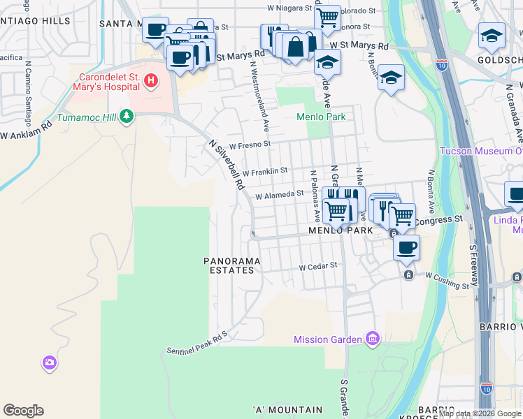 map of restaurants, bars, coffee shops, grocery stores, and more near 90 North Silverbell Road in Tucson