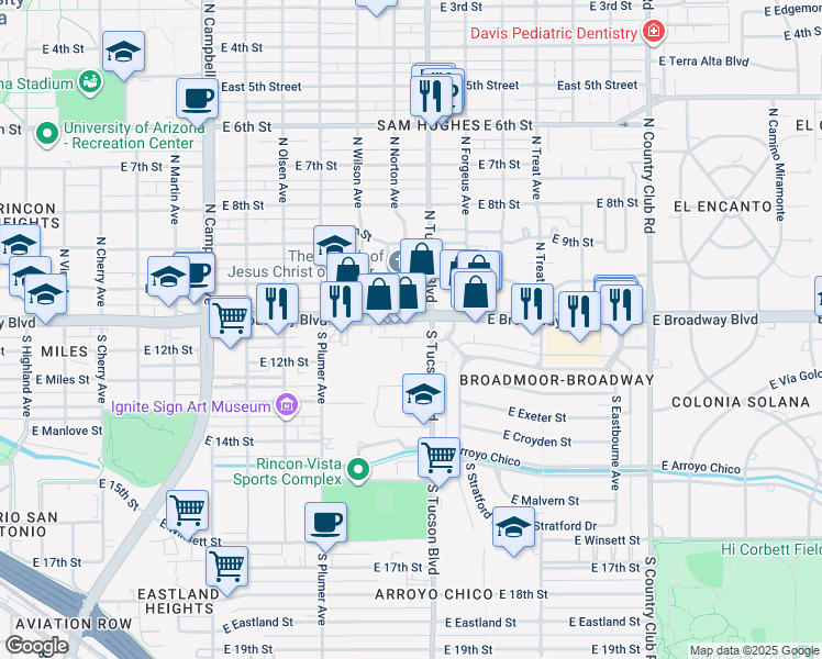 map of restaurants, bars, coffee shops, grocery stores, and more near in Tucson