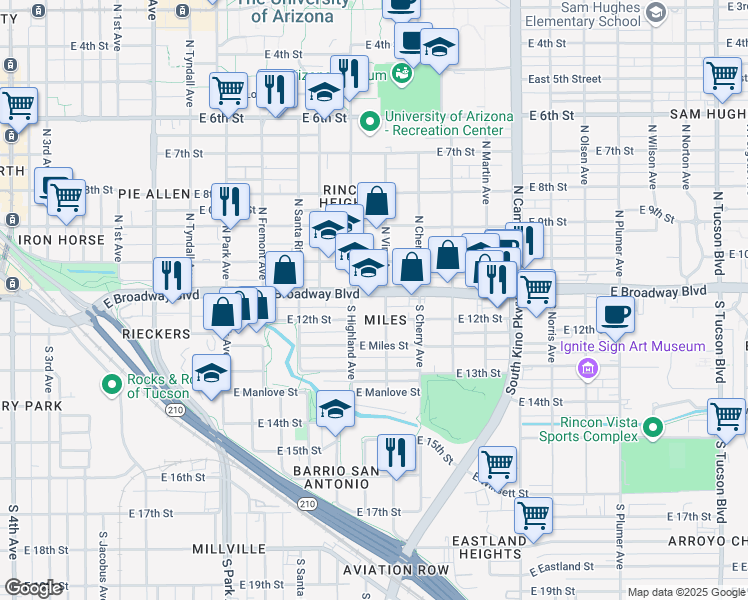 map of restaurants, bars, coffee shops, grocery stores, and more near 1400 East Broadway Boulevard in Tucson