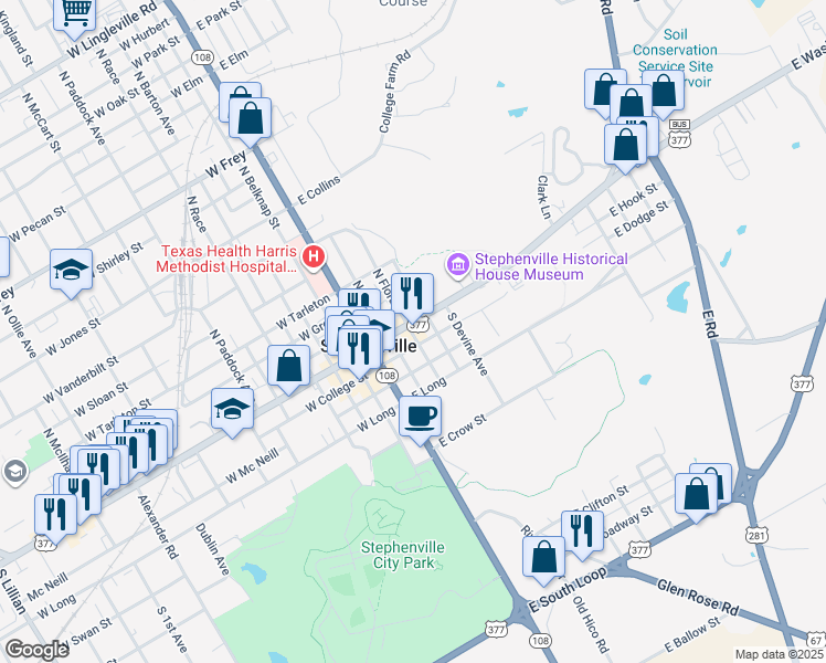 map of restaurants, bars, coffee shops, grocery stores, and more near 306 E Washington St in Stephenville