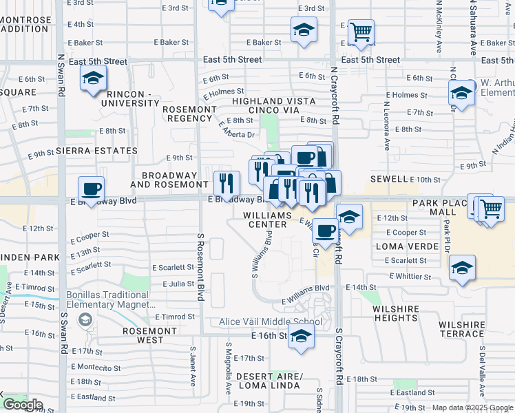 map of restaurants, bars, coffee shops, grocery stores, and more near 5285 East Williams Circle in Tucson