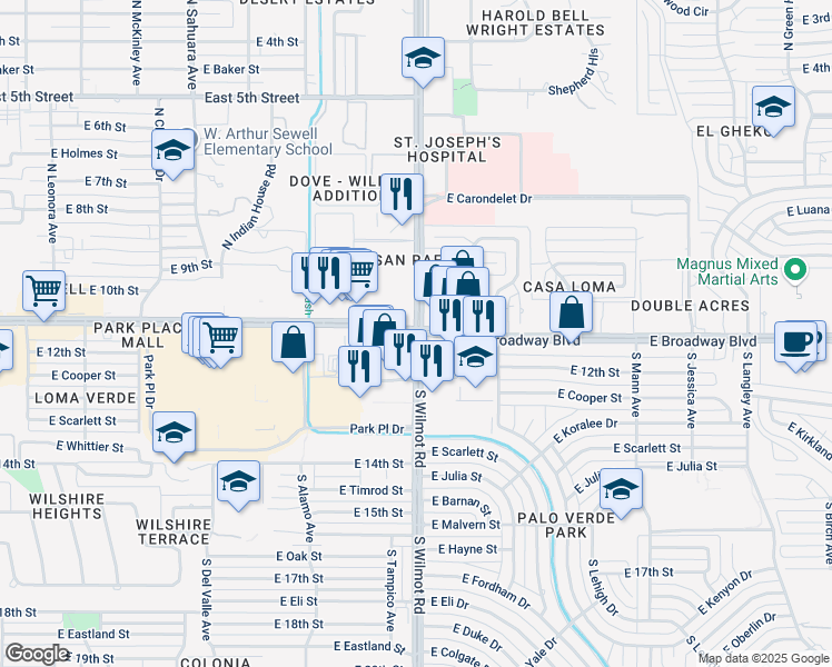 map of restaurants, bars, coffee shops, grocery stores, and more near E Broadway Blvd & N Wilmot Rd in Tucson