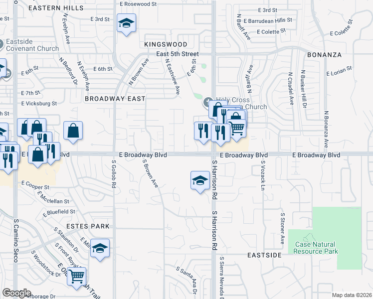 map of restaurants, bars, coffee shops, grocery stores, and more near 9414 East Sandy Whiskers Place in Tucson