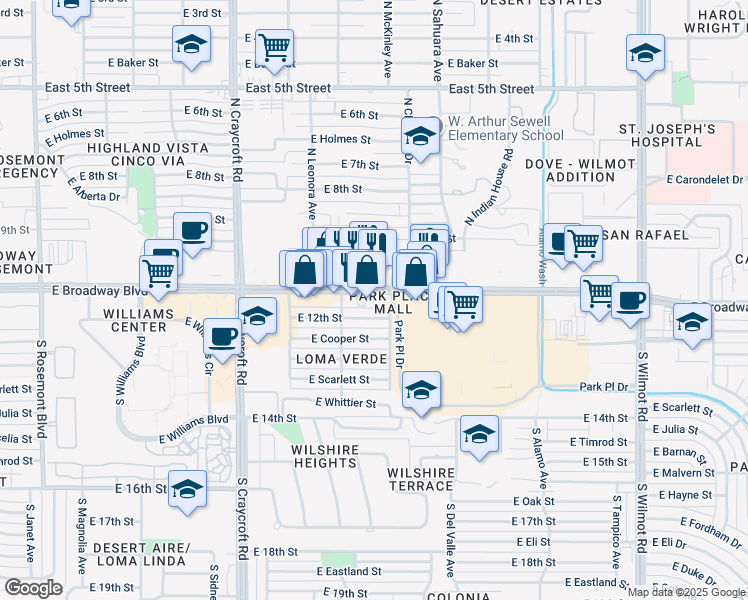 map of restaurants, bars, coffee shops, grocery stores, and more near 5760 East Broadway Boulevard in Tucson