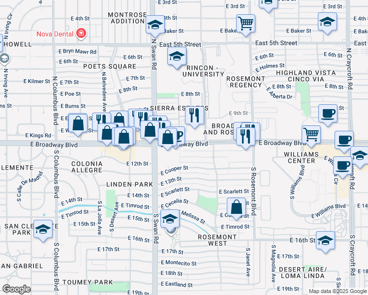 map of restaurants, bars, coffee shops, grocery stores, and more near 4808 East Broadway Boulevard in Tucson