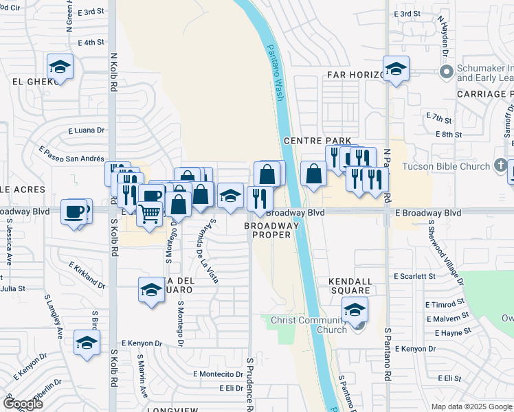 map of restaurants, bars, coffee shops, grocery stores, and more near 7545 East Broadway Boulevard in Tucson