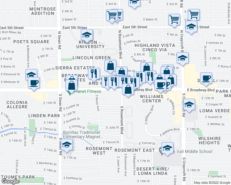 map of restaurants, bars, coffee shops, grocery stores, and more near 5034 East Broadway Boulevard in Tucson