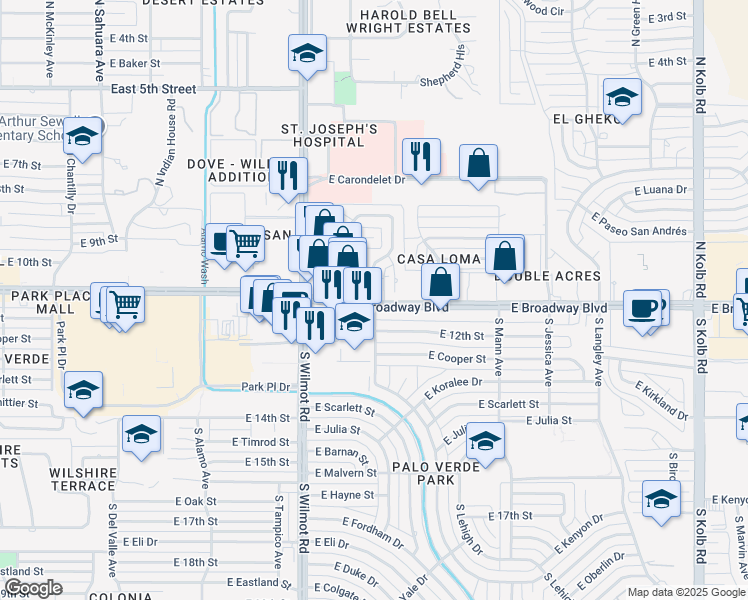 map of restaurants, bars, coffee shops, grocery stores, and more near 4 North Avenida De San Ramon in Tucson