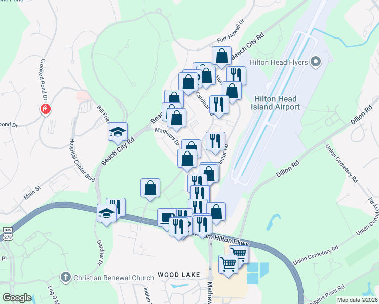 map of restaurants, bars, coffee shops, grocery stores, and more near 2 Cardinal Road in Hilton Head Island