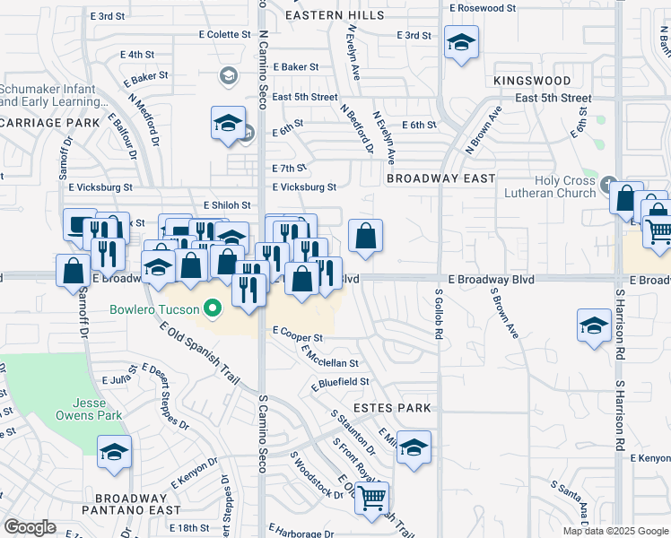 map of restaurants, bars, coffee shops, grocery stores, and more near 8851 East Broadway Boulevard in Tucson