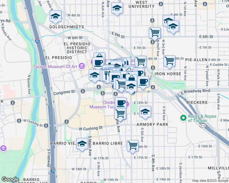 map of restaurants, bars, coffee shops, grocery stores, and more near 27 South Stone Avenue in Tucson