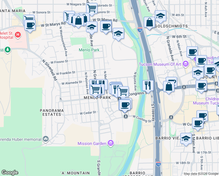 map of restaurants, bars, coffee shops, grocery stores, and more near 44 North Melwood Avenue in Tucson