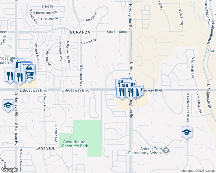 map of restaurants, bars, coffee shops, grocery stores, and more near 10131 East Karen Place in Tucson