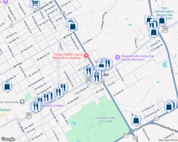 map of restaurants, bars, coffee shops, grocery stores, and more near 299 North Belknap Street in Stephenville