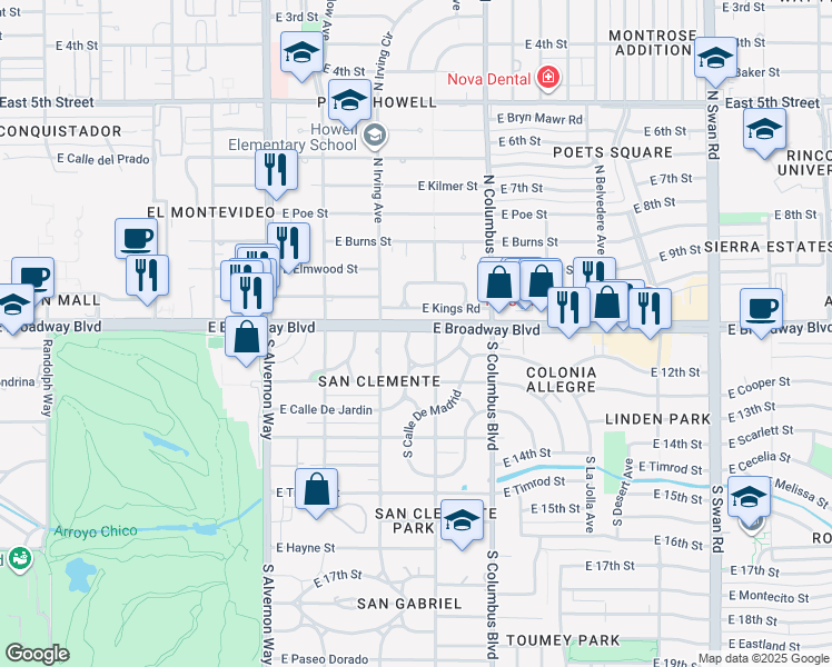 map of restaurants, bars, coffee shops, grocery stores, and more near 103 South Calle de Jardin in Tucson