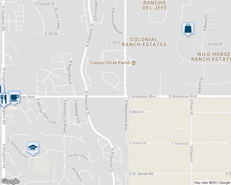 map of restaurants, bars, coffee shops, grocery stores, and more near 25 East Monument Estates Drive in Tucson