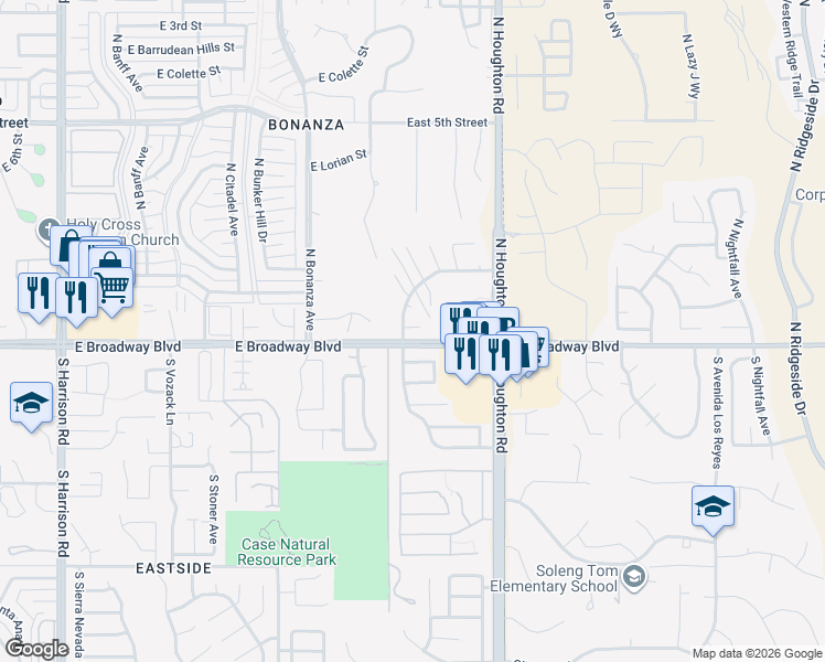 map of restaurants, bars, coffee shops, grocery stores, and more near 10131 East Karen Place in Tucson