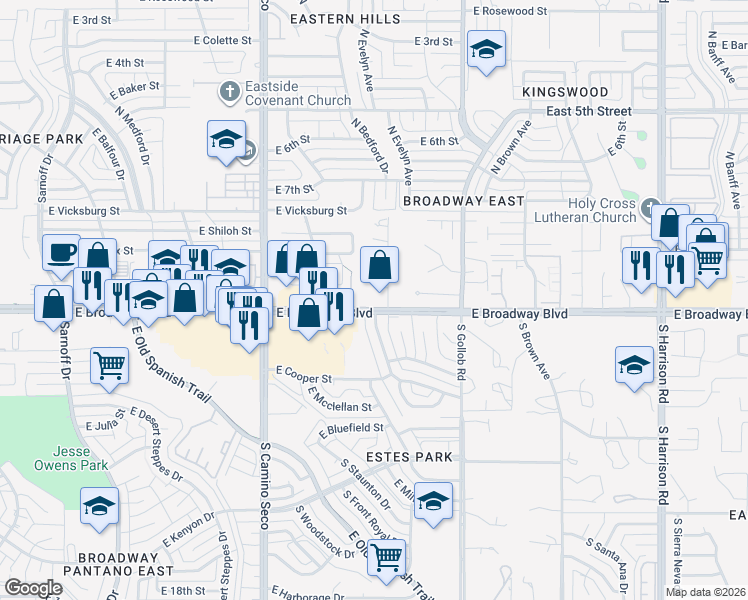 map of restaurants, bars, coffee shops, grocery stores, and more near 8935 East Broadway Boulevard in Tucson
