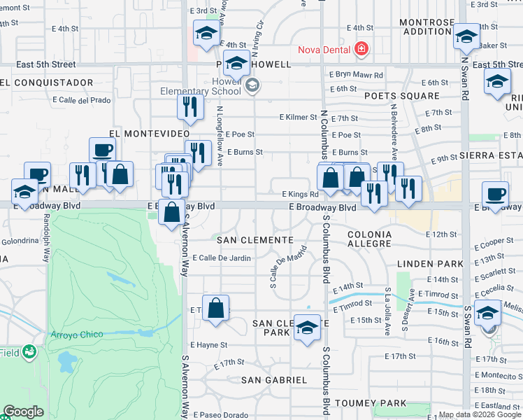 map of restaurants, bars, coffee shops, grocery stores, and more near in Tucson