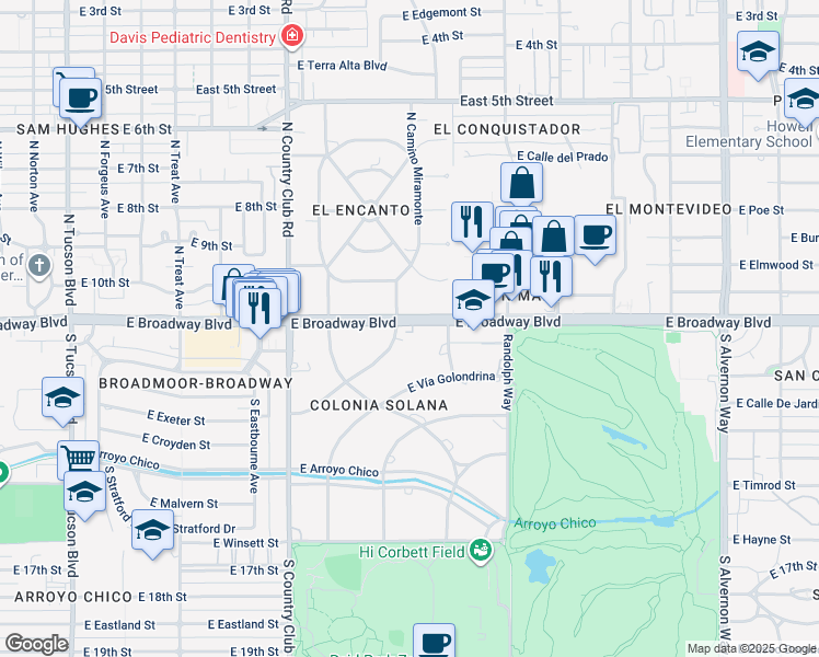 map of restaurants, bars, coffee shops, grocery stores, and more near 70 South Placita Colonia Solana in Tucson