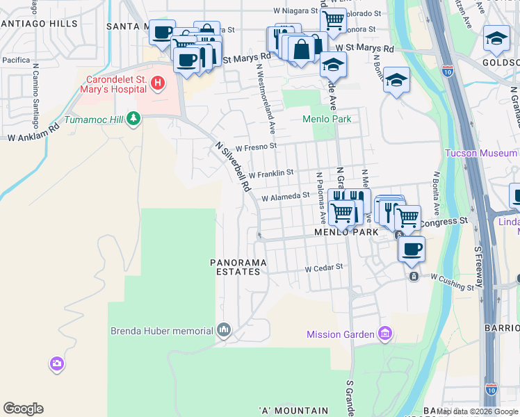map of restaurants, bars, coffee shops, grocery stores, and more near 90 North Silverbell Road in Tucson