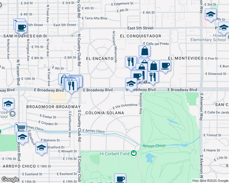 map of restaurants, bars, coffee shops, grocery stores, and more near 70 South Placita Colonia Solana in Tucson
