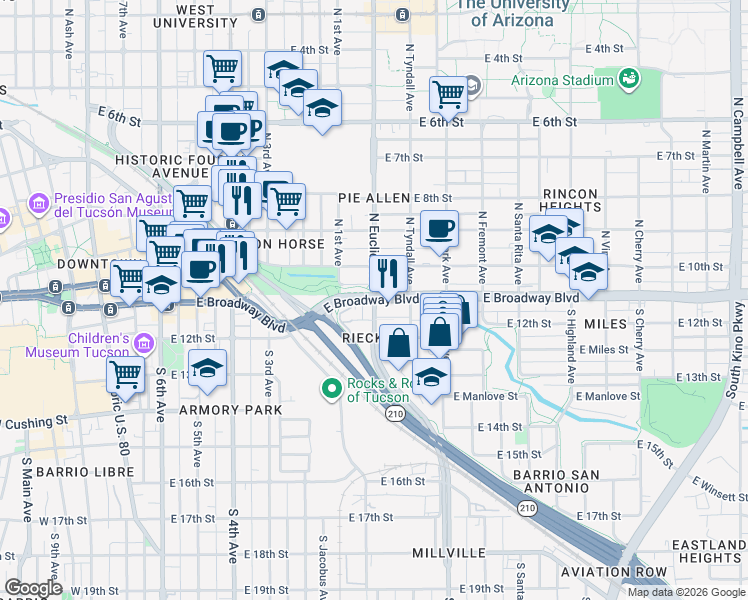 map of restaurants, bars, coffee shops, grocery stores, and more near E Broadway Blvd & S Euclid Ave in Tucson