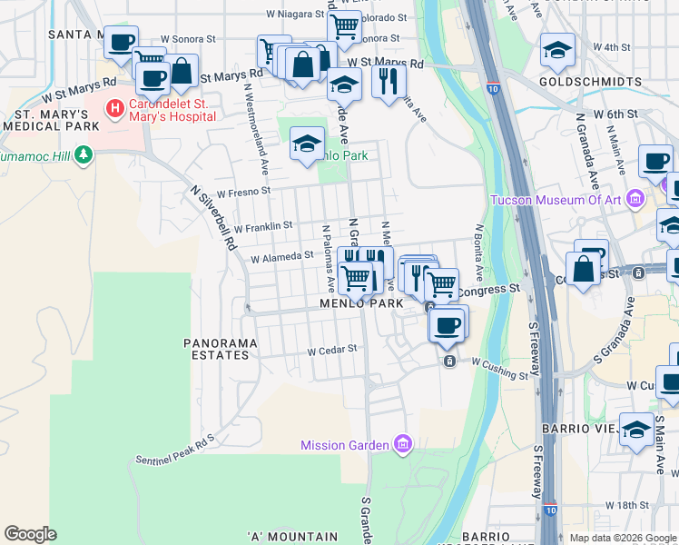 map of restaurants, bars, coffee shops, grocery stores, and more near 48 North Palomas Avenue in Tucson