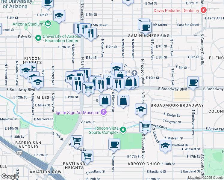 map of restaurants, bars, coffee shops, grocery stores, and more near 2190 East Broadway Boulevard in Tucson