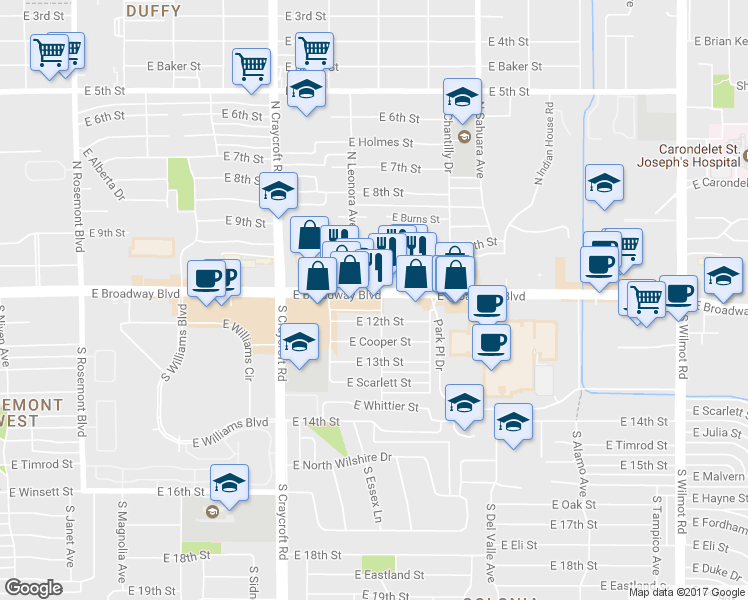 map of restaurants, bars, coffee shops, grocery stores, and more near 5660 E Broadway Blvd in Tucson