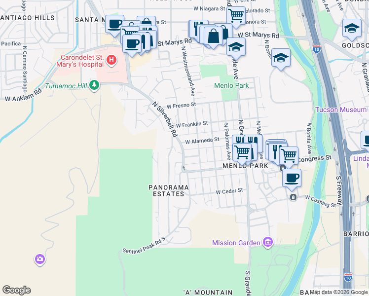 map of restaurants, bars, coffee shops, grocery stores, and more near 90 North Silverbell Road in Tucson