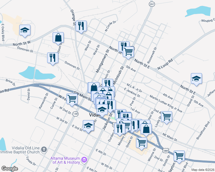 map of restaurants, bars, coffee shops, grocery stores, and more near 300 McIntosh Street in Vidalia