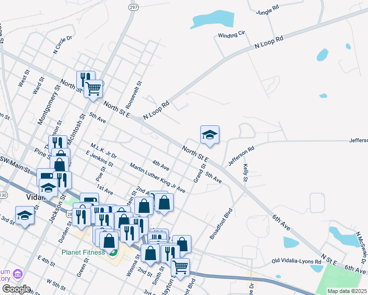 map of restaurants, bars, coffee shops, grocery stores, and more near 800 North Saint East in Vidalia