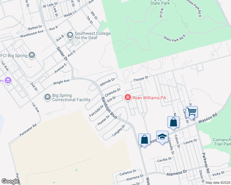 map of restaurants, bars, coffee shops, grocery stores, and more near 2504-2618 Chanute Drive in Big Spring