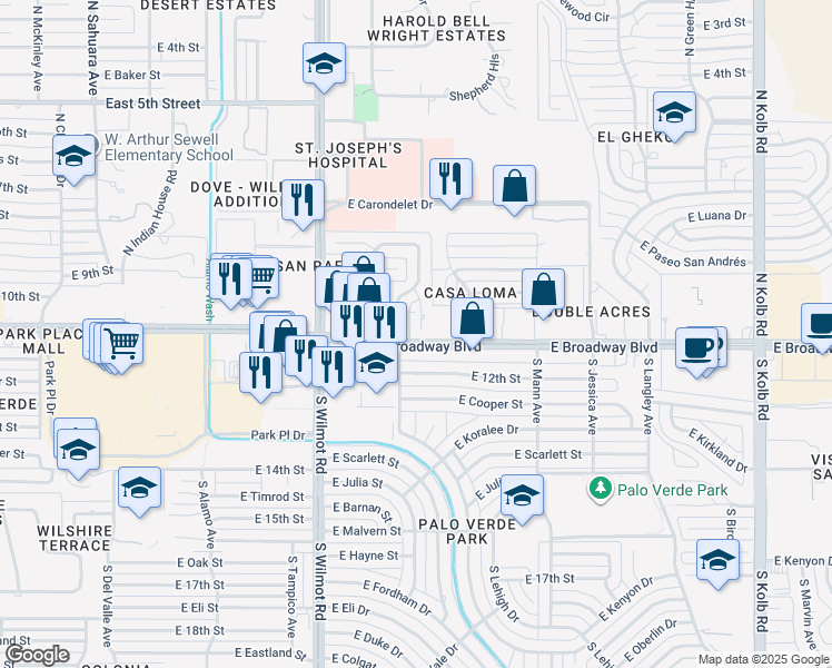 map of restaurants, bars, coffee shops, grocery stores, and more near 13 North Paseo San Pedro in Tucson