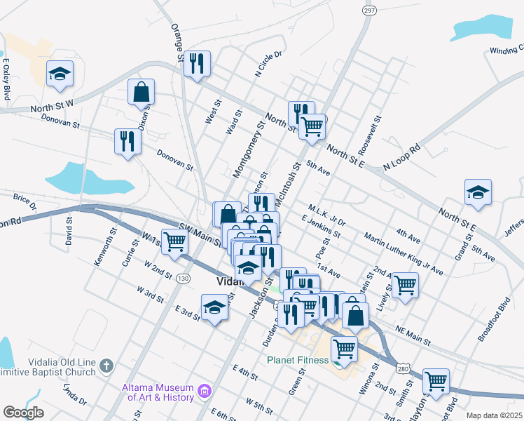 map of restaurants, bars, coffee shops, grocery stores, and more near 300 McIntosh Street in Vidalia