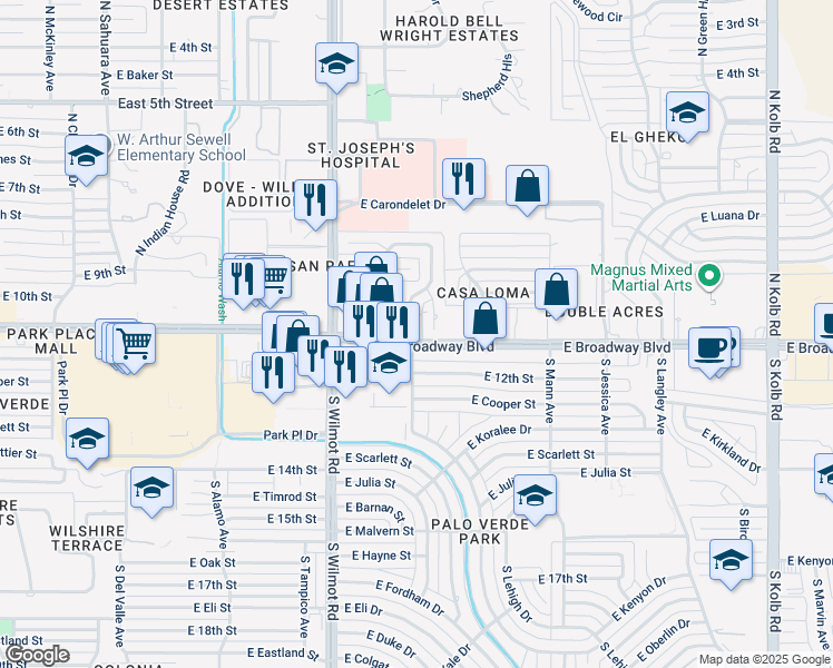map of restaurants, bars, coffee shops, grocery stores, and more near 4 North Avenida De San Ramon in Tucson