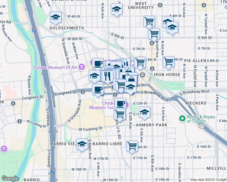 map of restaurants, bars, coffee shops, grocery stores, and more near 27 South Stone Avenue in Tucson