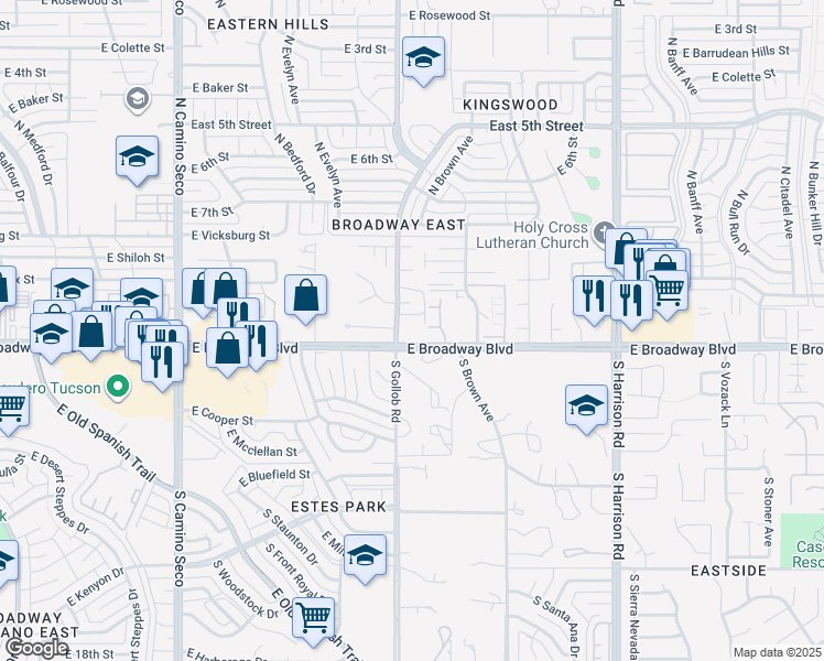 map of restaurants, bars, coffee shops, grocery stores, and more near 9111 East Broadway Boulevard in Tucson