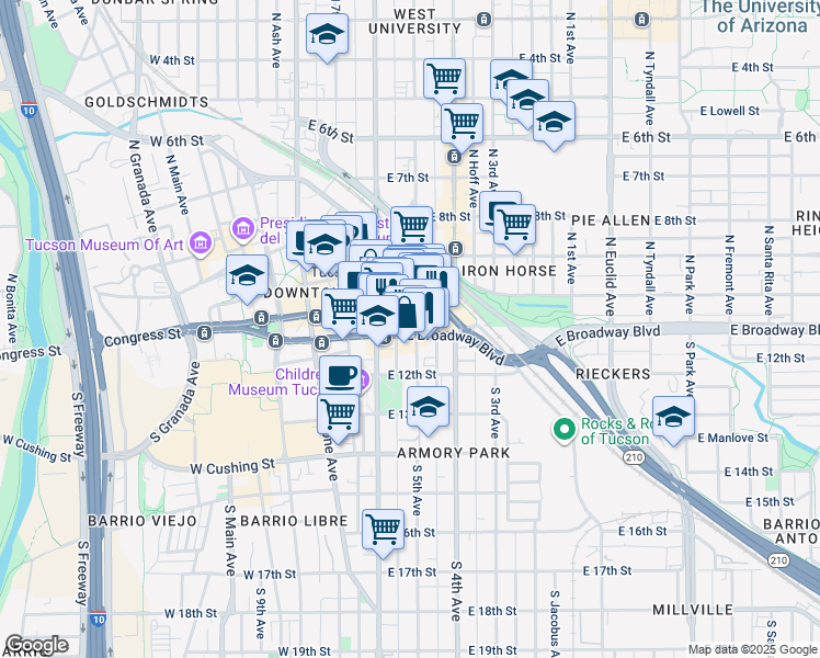 map of restaurants, bars, coffee shops, grocery stores, and more near in Tucson