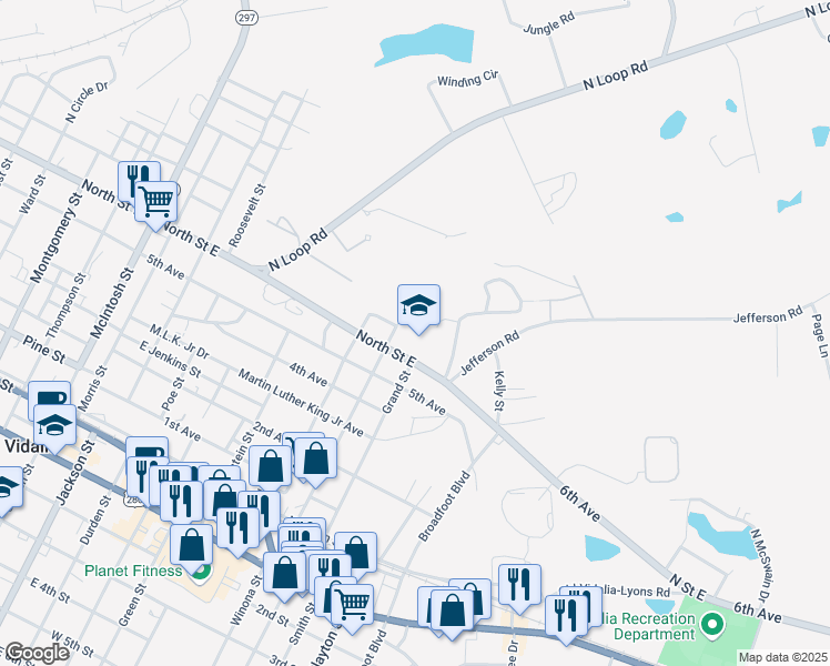map of restaurants, bars, coffee shops, grocery stores, and more near 800 North Saint East in Vidalia
