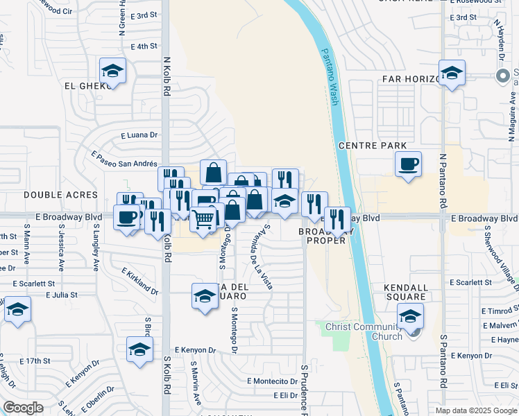 map of restaurants, bars, coffee shops, grocery stores, and more near 7349 East Broadway Boulevard in Tucson