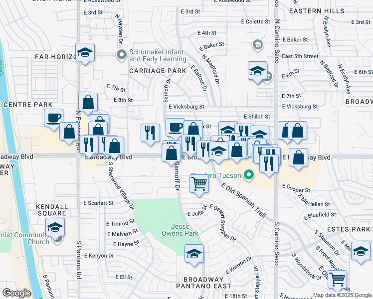 map of restaurants, bars, coffee shops, grocery stores, and more near 8351 East Broadway Boulevard in Tucson