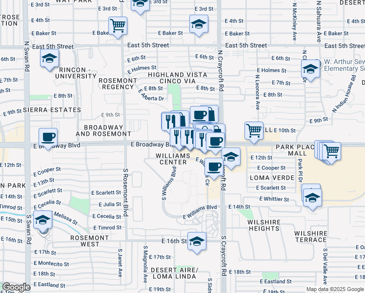 map of restaurants, bars, coffee shops, grocery stores, and more near 5336 East Broadway Boulevard in Tucson