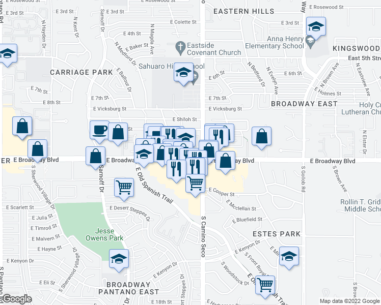 map of restaurants, bars, coffee shops, grocery stores, and more near 8665 East Broadway Boulevard in Tucson