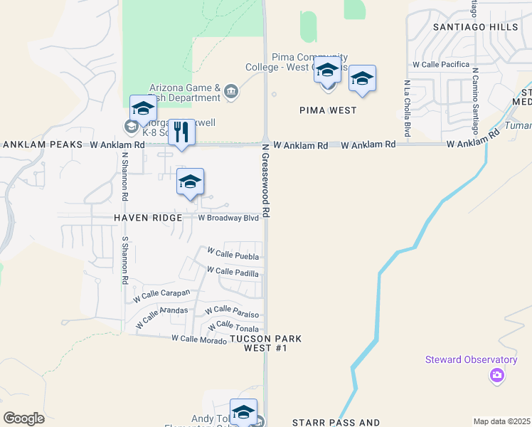 map of restaurants, bars, coffee shops, grocery stores, and more near North Greasewood Road & West Broadway Boulevard in Tucson
