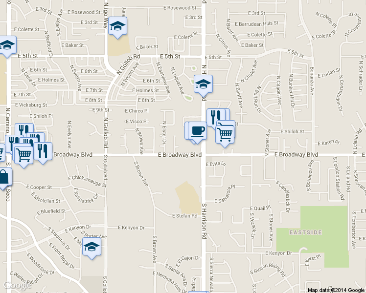 map of restaurants, bars, coffee shops, grocery stores, and more near 9414 East Sandy Whiskers Place in Tucson