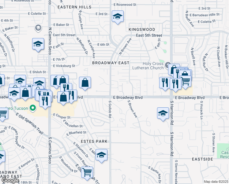 map of restaurants, bars, coffee shops, grocery stores, and more near 9111 East Broadway Boulevard in Tucson